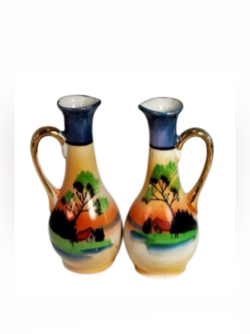 Vintage T&T Japan Hand Painted Porcelain Bud Vase Pair Cottage Scene